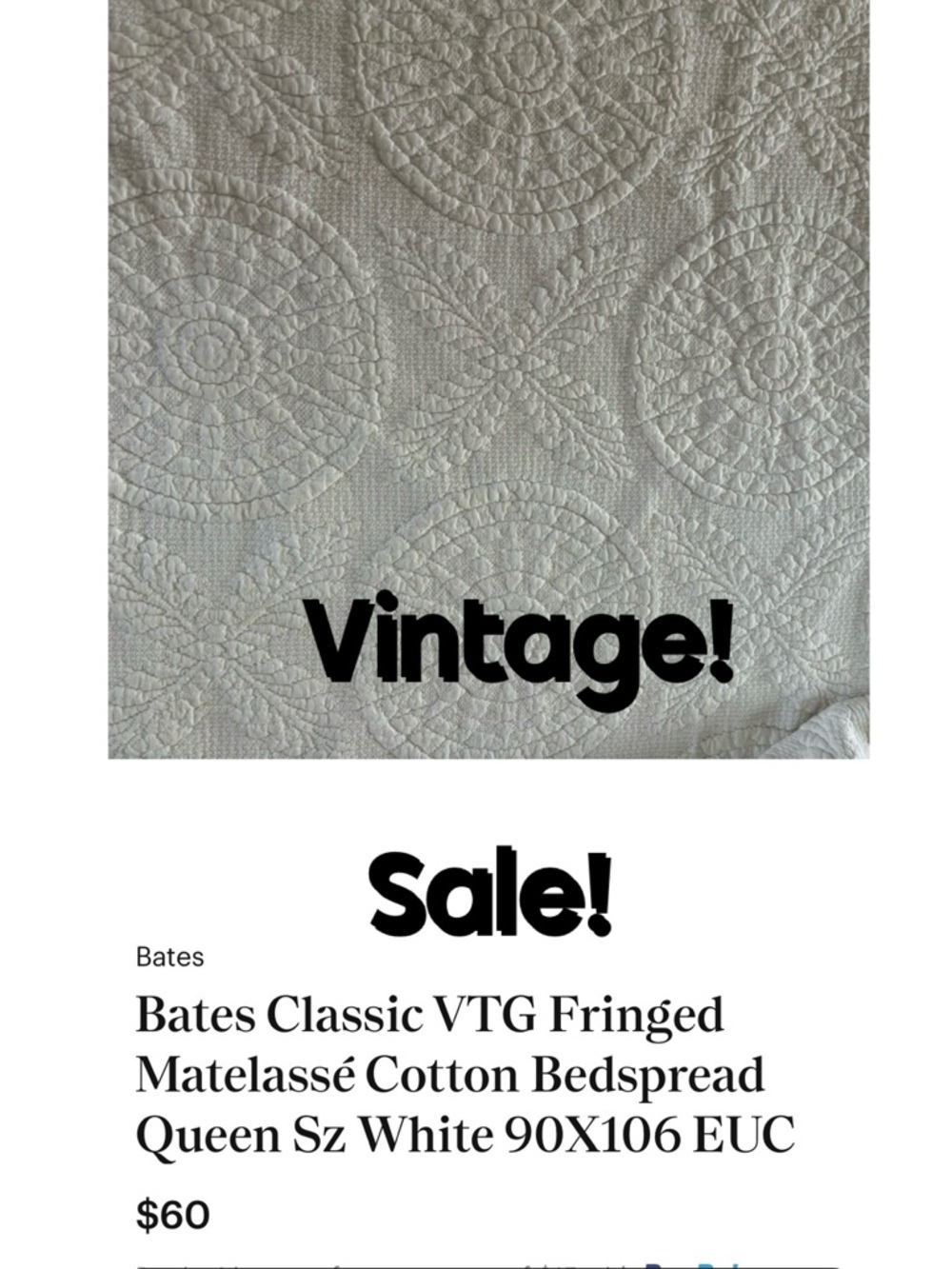 Bates Classic VTG Fringed Matelassé Cotton Bedspread Queen Sz White 90X106 EUC